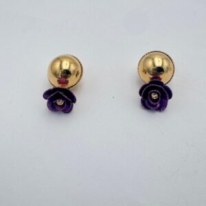Gold Drop Earrings With Purple Floral Accents
