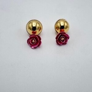 Gold Drop Earring With Maroon Floral Accents